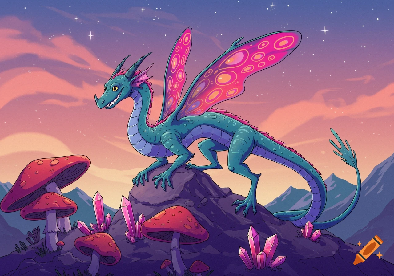 A vibrant cartoon dragon with pink wings stands on a rock amidst red mushrooms and purple crystals, under a colorful fantasy sky.