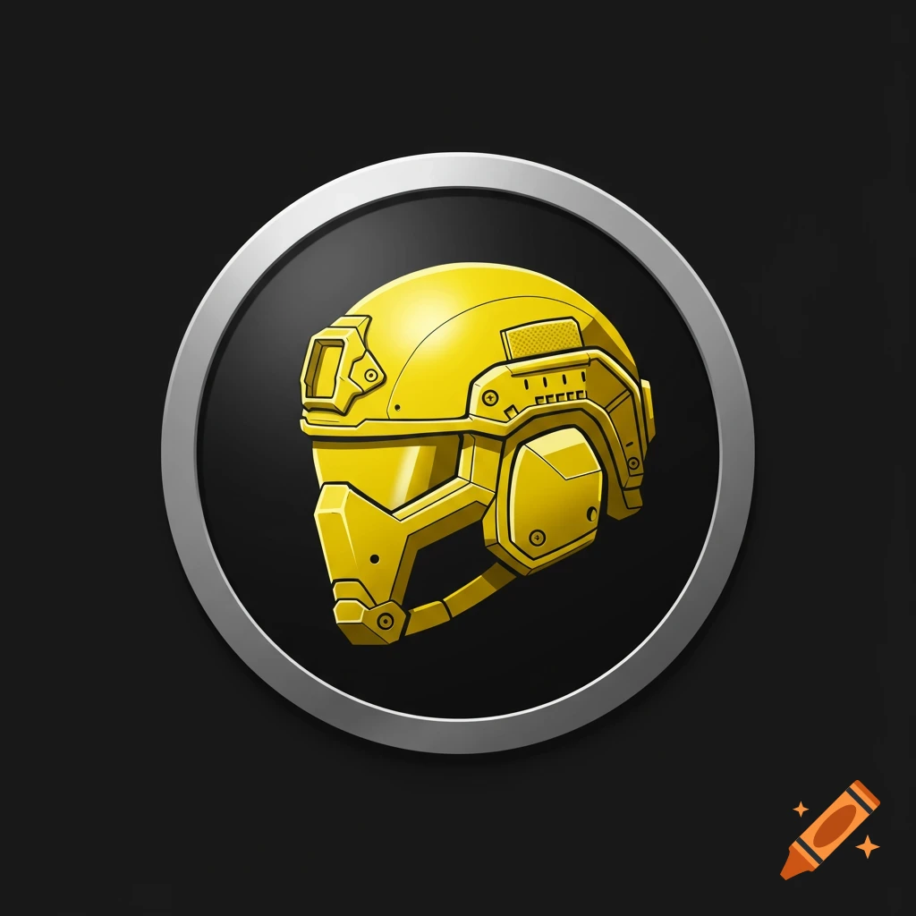 A 2D stylized yellow tactical helmet centered within a silver ring on a black background.