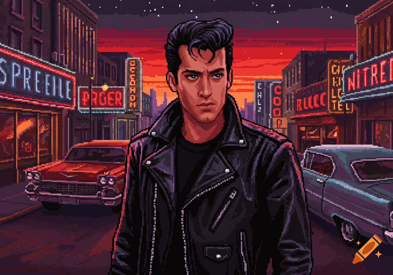 A pixel art image of a 1950s greaser man in a black leather jacket, standing on a city street at dusk with neon signs and vintage cars.