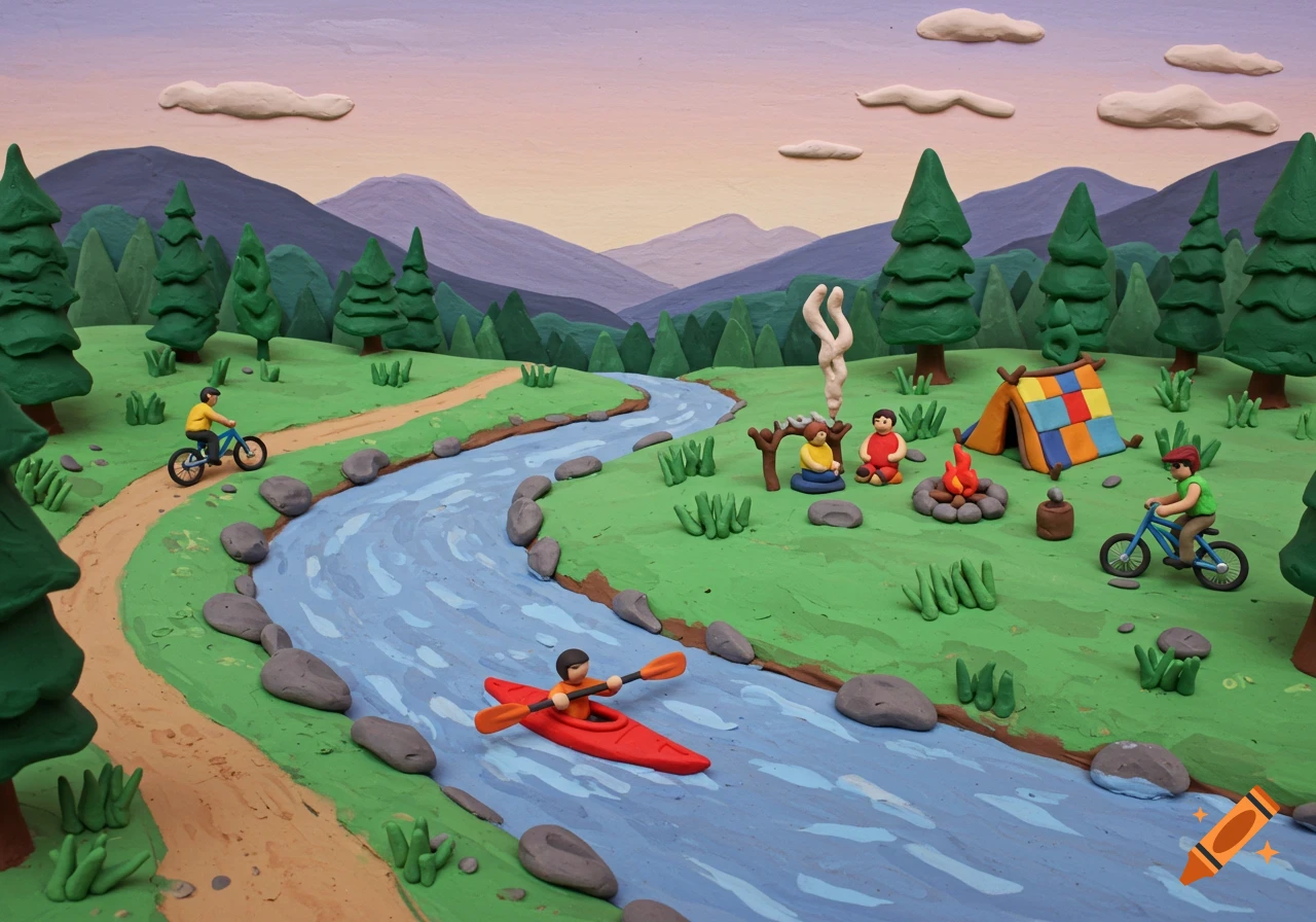 A claymation scene depicts a river flowing through mountains with a kayaker, mountain bikers, and a campsite.