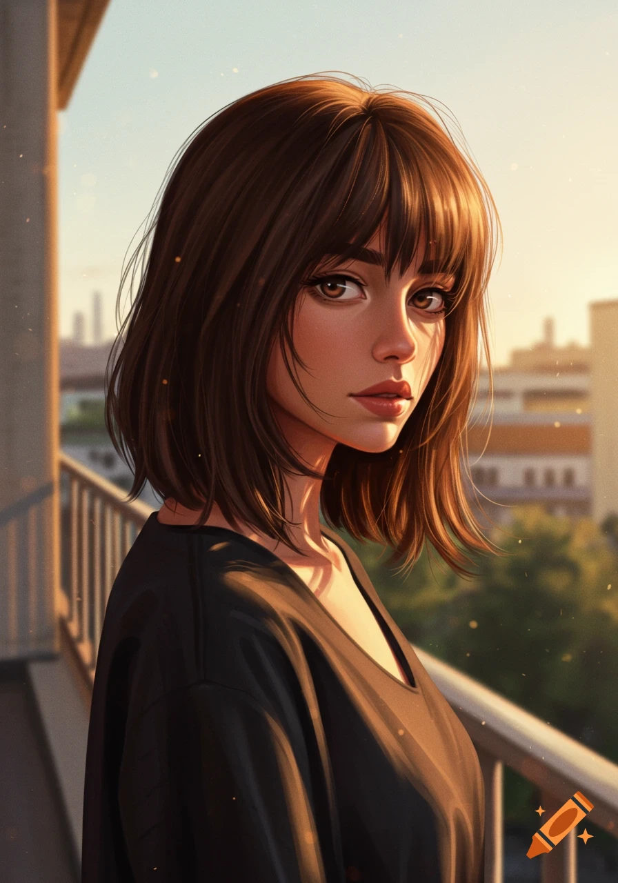 A digital art portrait of a brunette girl with a bob haircut and bangs, looking over her shoulder on a balcony with sunlight on her face.