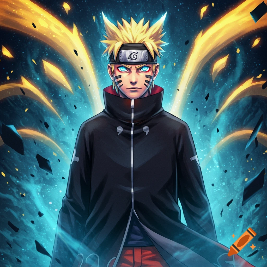 A powerful anime character with spiky blond hair, blue eyes, and orange markings on his face, wearing a black coat, stands against a swirling blue and yellow energy background.