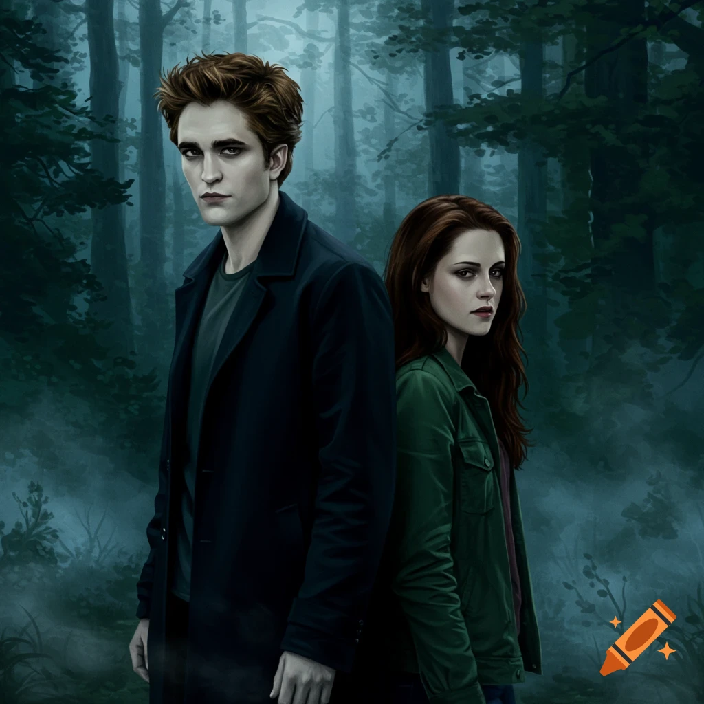 Digital illustration of Edward and Bella from Twilight standing in a dark, misty forest.