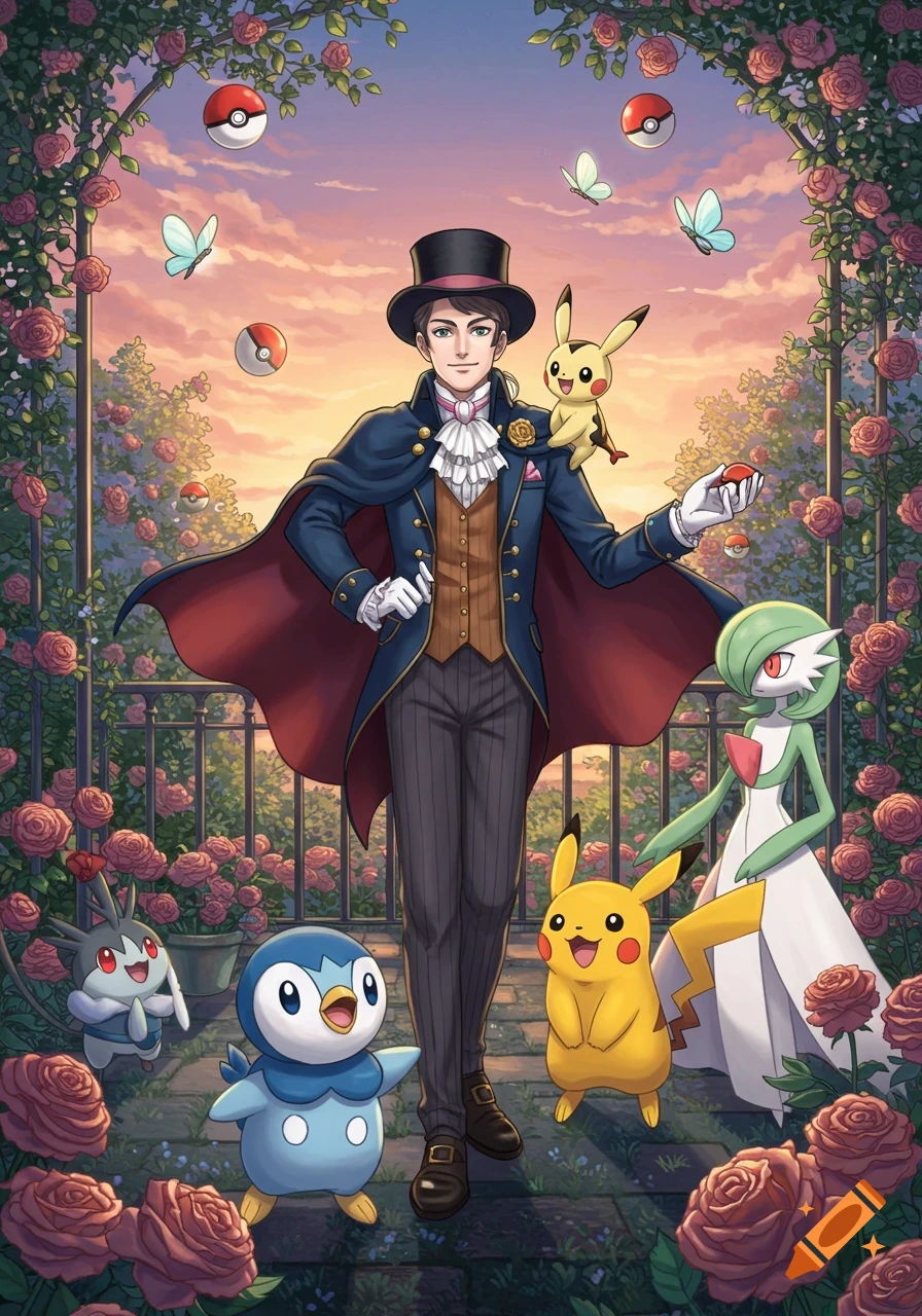 A dapper man with Pikachu on his shoulder, surrounded by various Pokemon and roses in a garden at sunset, in an anime art style.