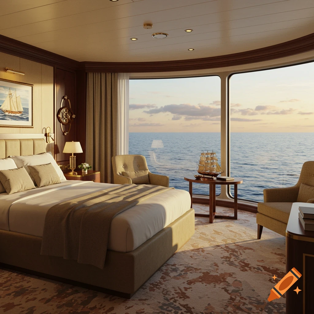 A luxurious bedroom cabin on a cruise ship with a large window overlooking the ocean at sunset.