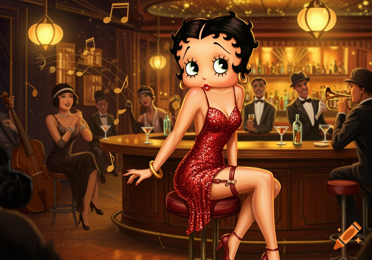 Betty Boop in a red sequin dress sits on a bar stool in a dimly lit, upscale jazz club with musicians and patrons in the background.