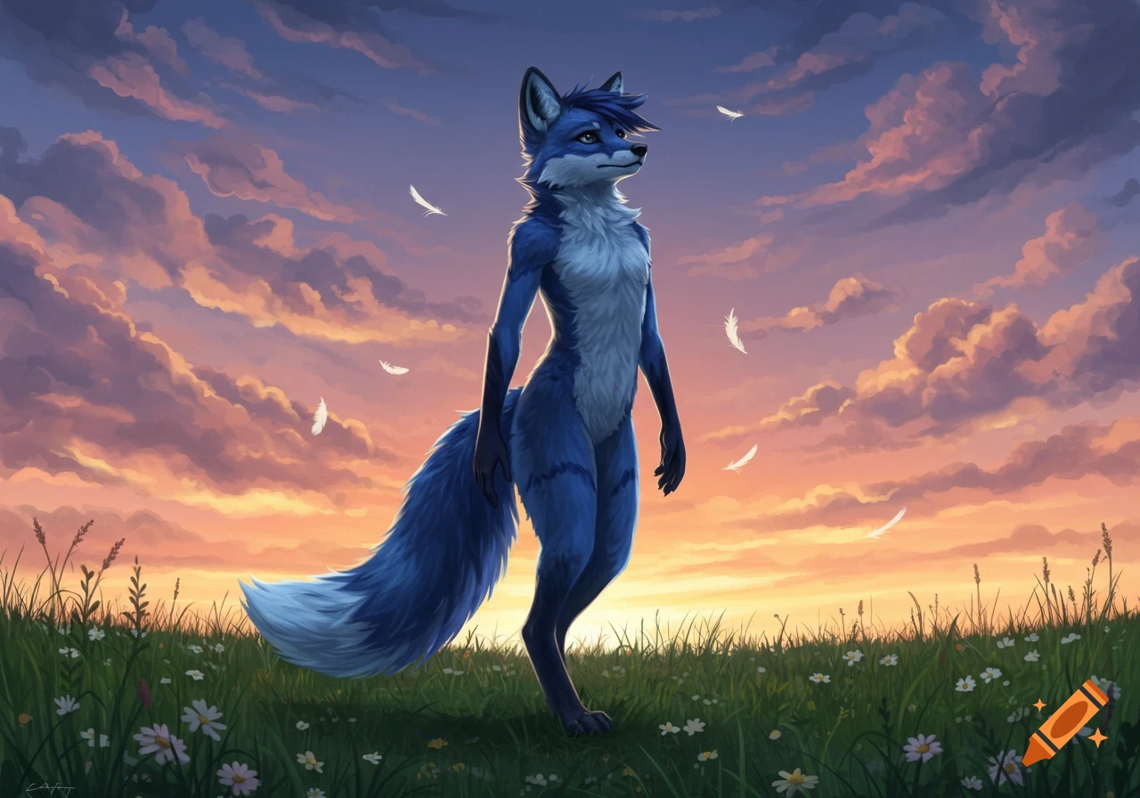 A blue anthropomorphic fox stands in a field of flowers under a colorful sunset sky with floating feathers.
