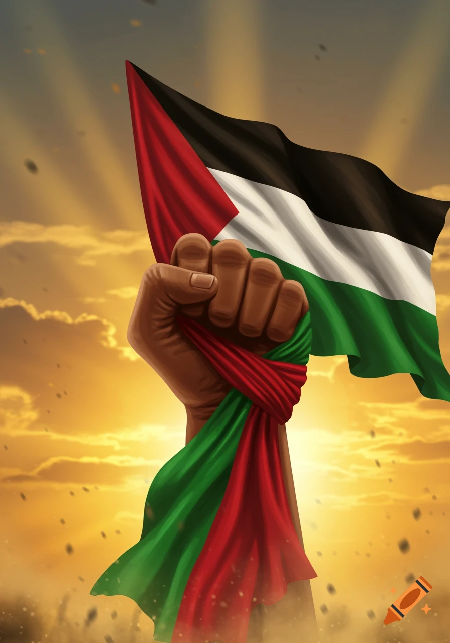 A dark-skinned clenched fist holds a waving Palestinian flag against a vibrant orange and yellow sunset sky with sun rays.