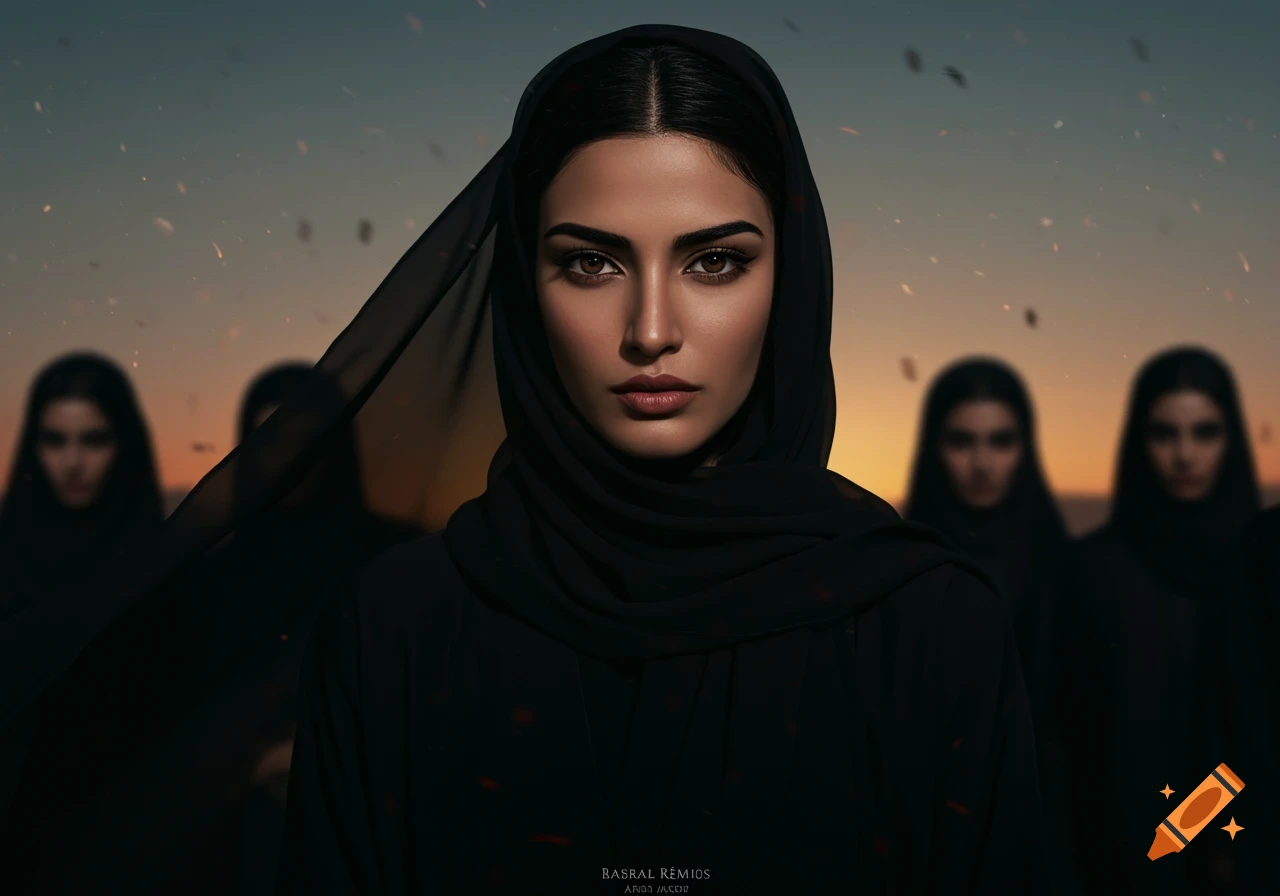 A photorealistic portrait of an Arabic woman in a black hijab and abaya, looking sternly at the viewer, with blurred figures behind her against a sunset sky.