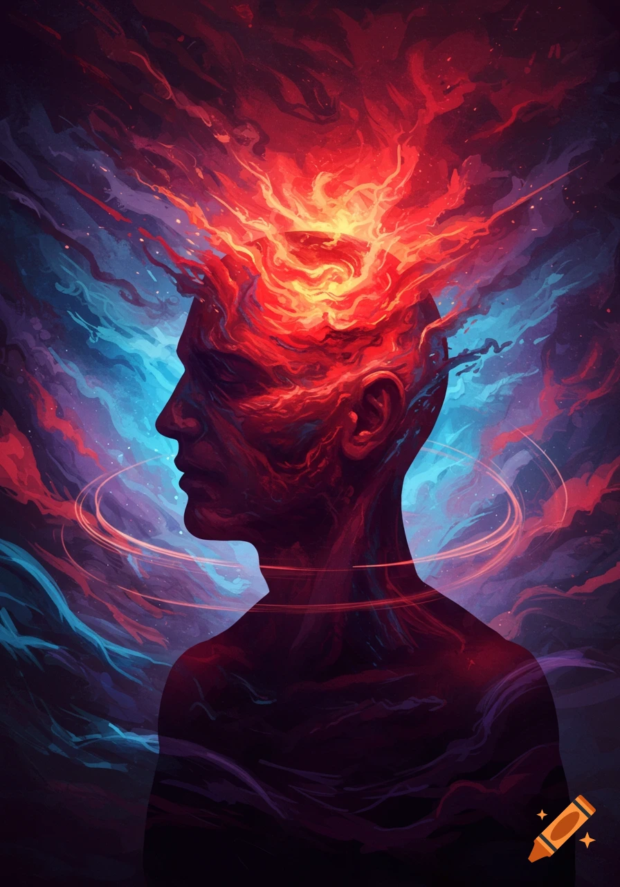 Abstract painting of a man's silhouette with fiery red and orange flames bursting from his head, surrounded by swirling blue and purple energy.