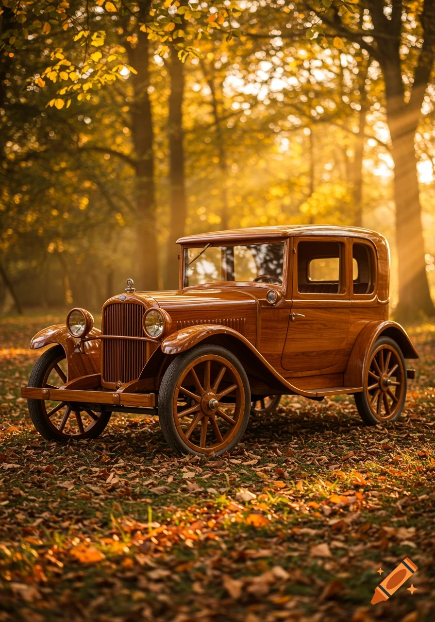A vintage wooden car with spoke wheels parked in a sunny autumn forest with fallen leaves.