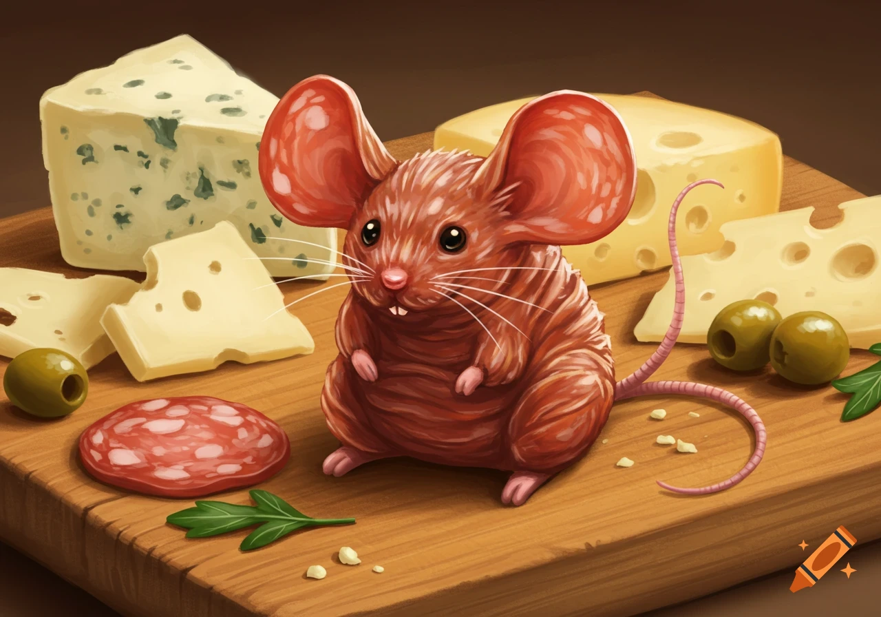 An illustrated mouse made of salami sits on a wooden cutting board with various cheeses, olives, and a slice of salami.
