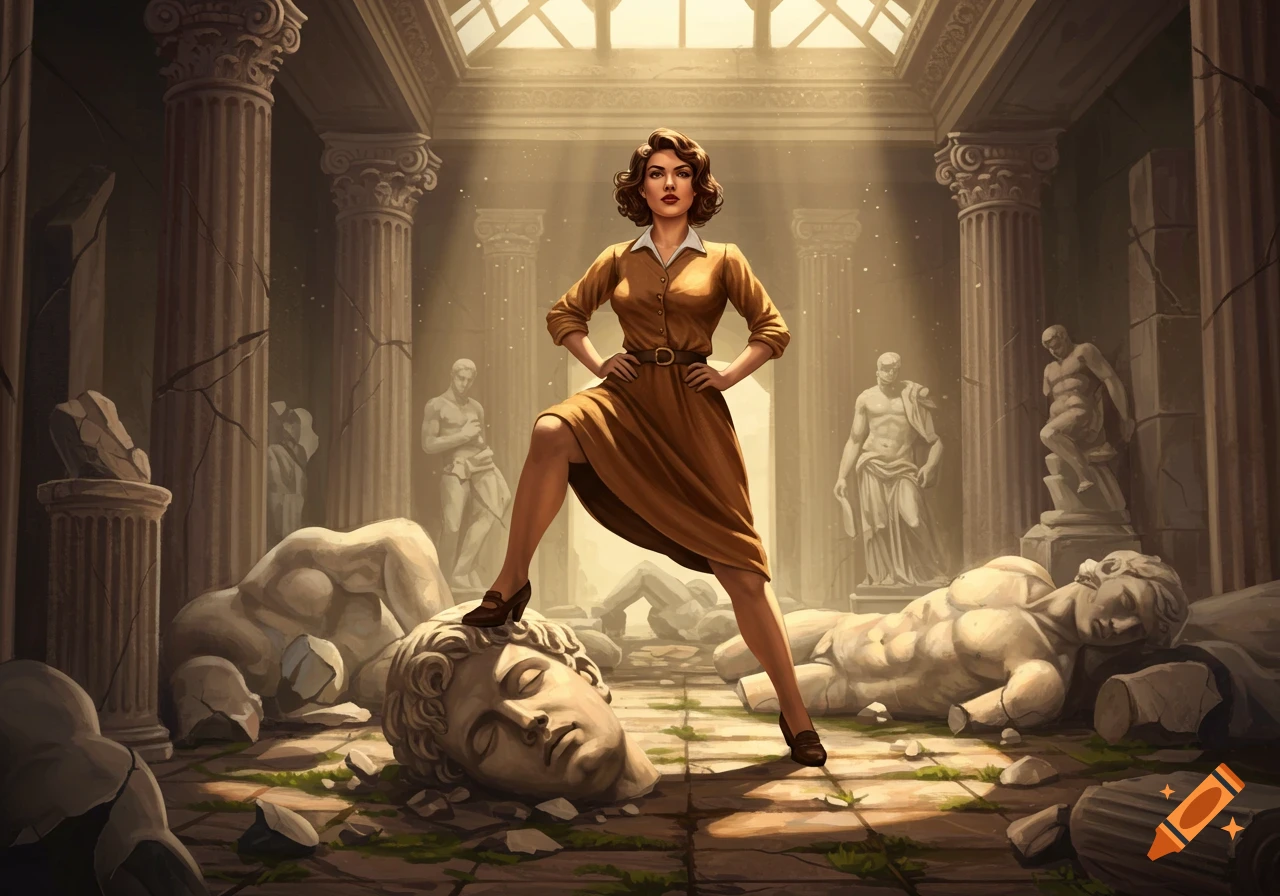 A retro-styled woman in a brown dress stands triumphantly with one foot on the broken head of a classical statue in a ruined temple.