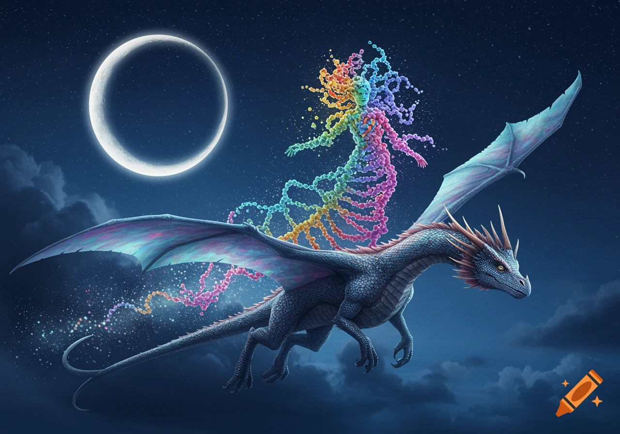 A grey dragon with a human-shaped figure made of colorful DNA strands on its back flies through a starry night sky with a crescent moon.
