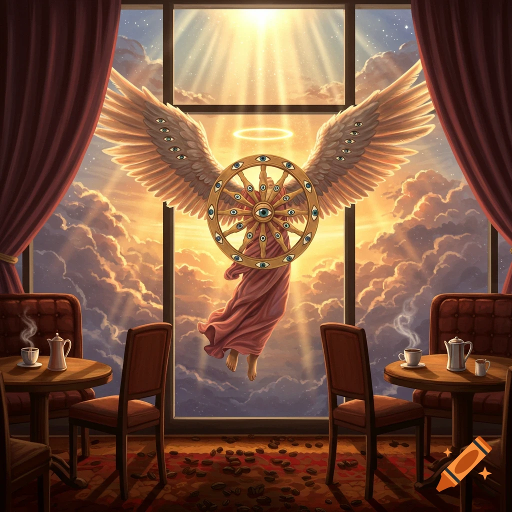 A biblically accurate angel with many eyes on its wings and a central ring appears in the window of a cafe, bathed in golden light. Coffee beans are scattered on the floor.