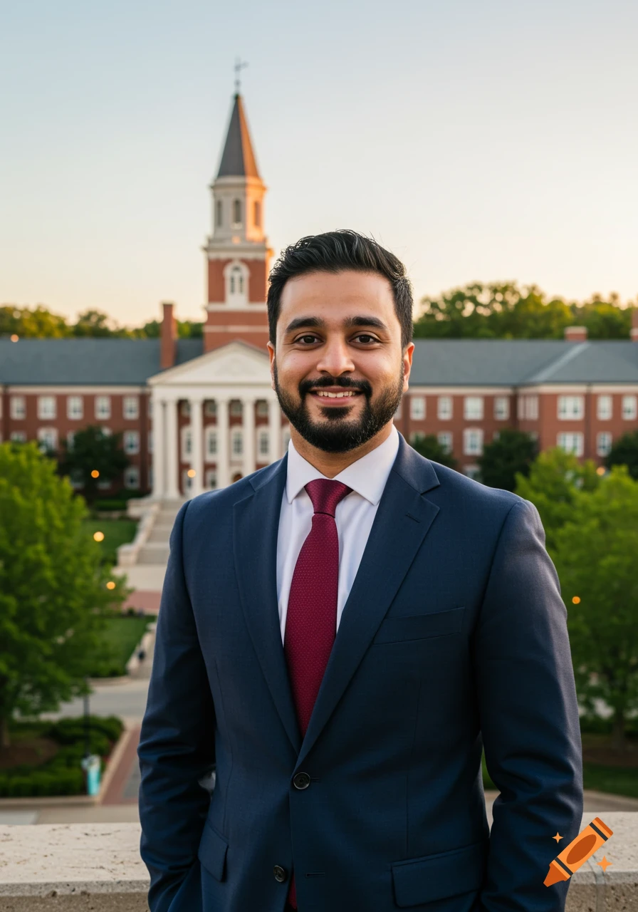 A smiling man in a dark suit and red tie stands in front of a university building with a tower at sunset.