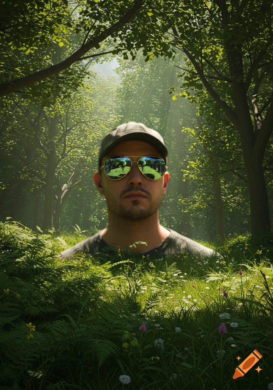 A man wearing a baseball cap and reflective sunglasses peeking out of tall green grass and ferns in a sunlit forest.