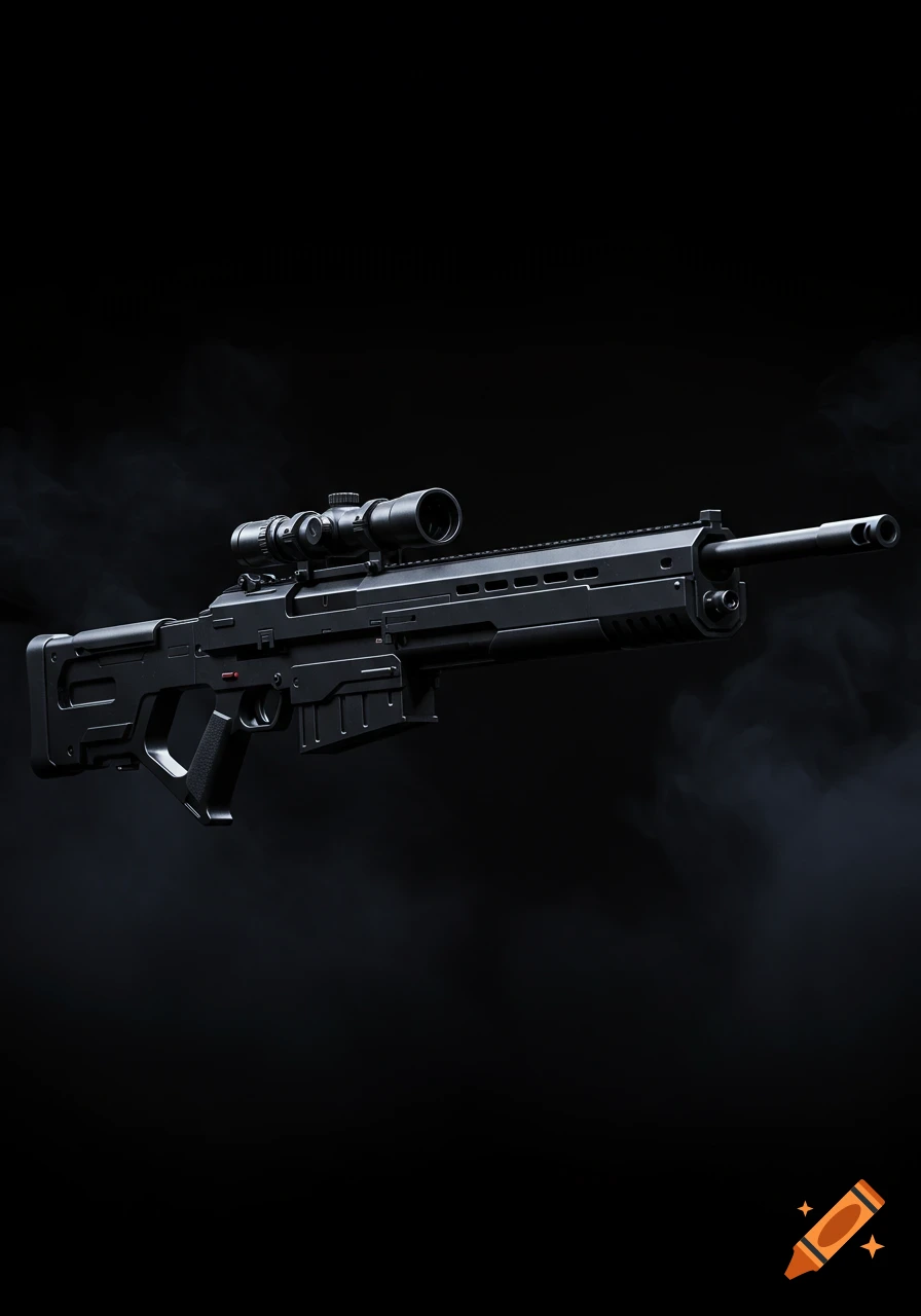 A full jet black marksman rifle with a scope against a dark, smoky background.