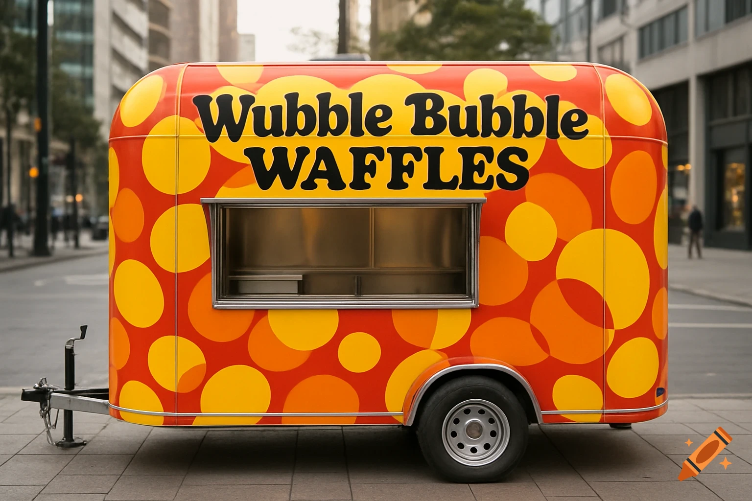 A colorful red and yellow patterned food concession trailer with the black text "Wubble Bubble WAFFLES" in an urban setting.