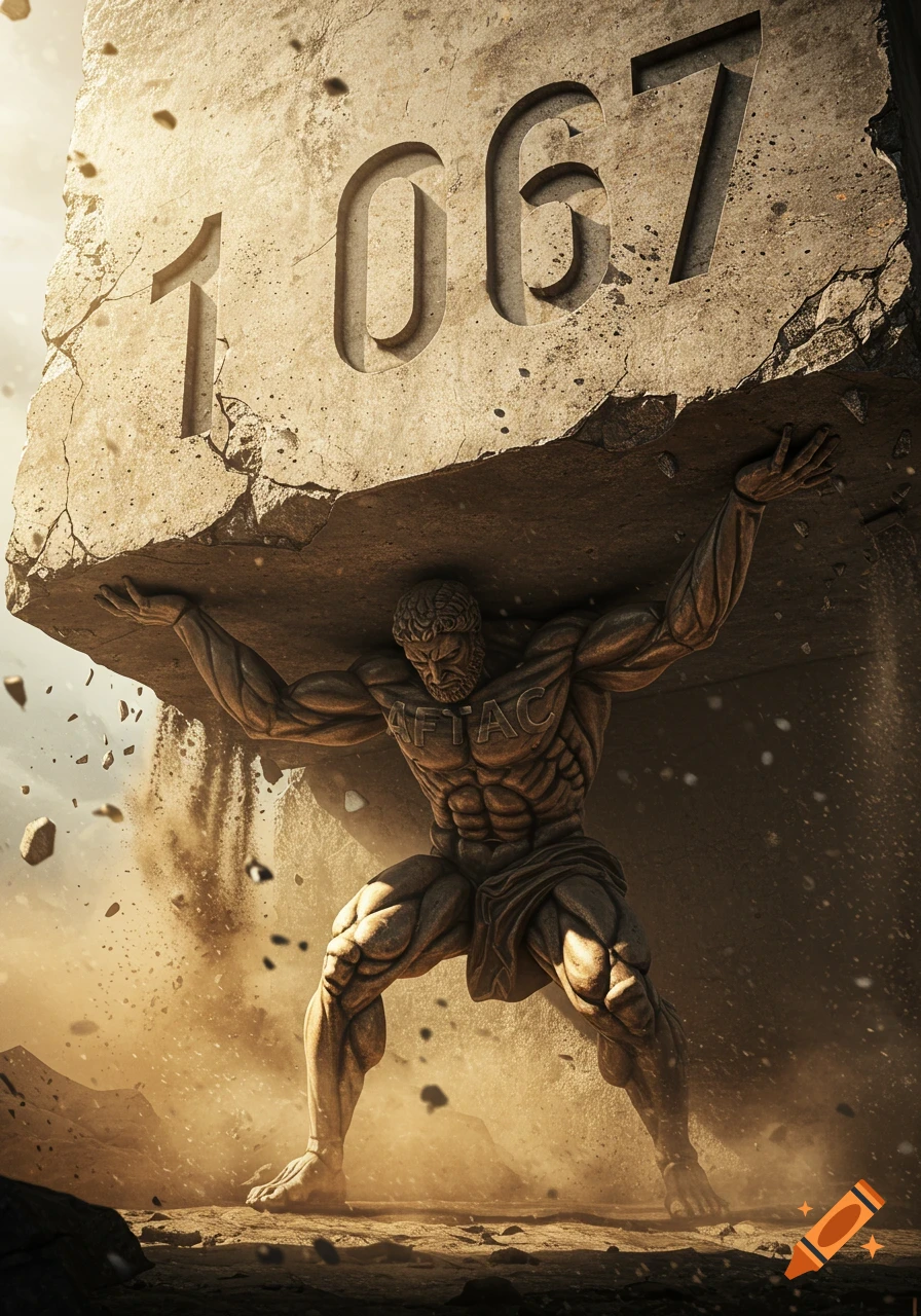 A powerful, stone-like Atlas figure strains under a collapsing concrete slab with '1067' engraved on it, 'AFTAC' visible on his chest, in a dusty scene.