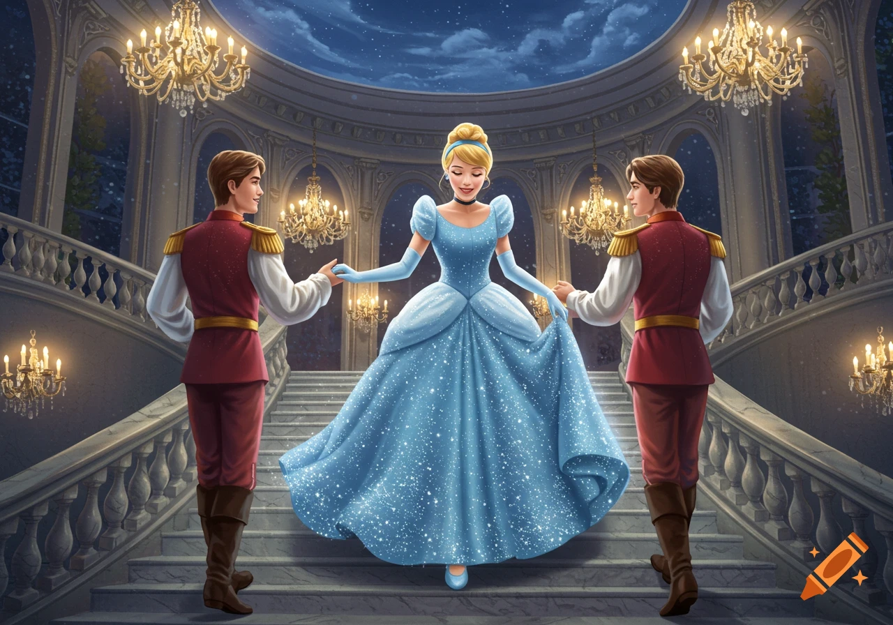 Cinderella in a sparkling blue gown with two princes on a grand ballroom staircase under a starry sky.