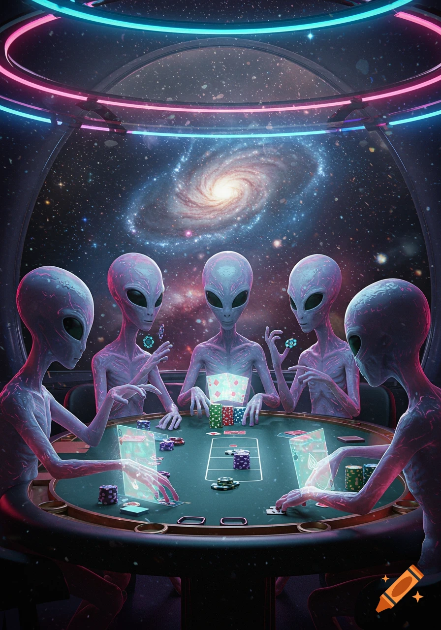 Five grey aliens play poker at a neon-lit table in a futuristic room with a view of a galaxy.