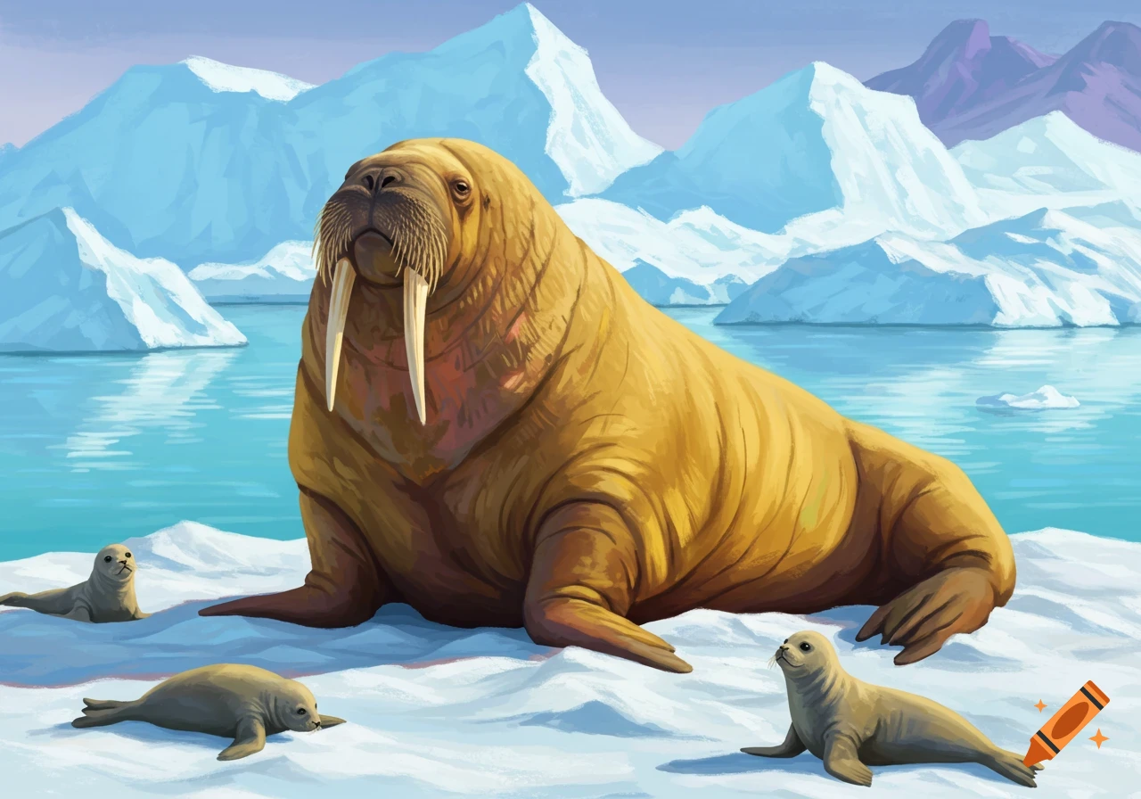 An illustrative scene of a large walrus resting on snowy ice, accompanied by three seals, in an arctic environment with icebergs and blue water.