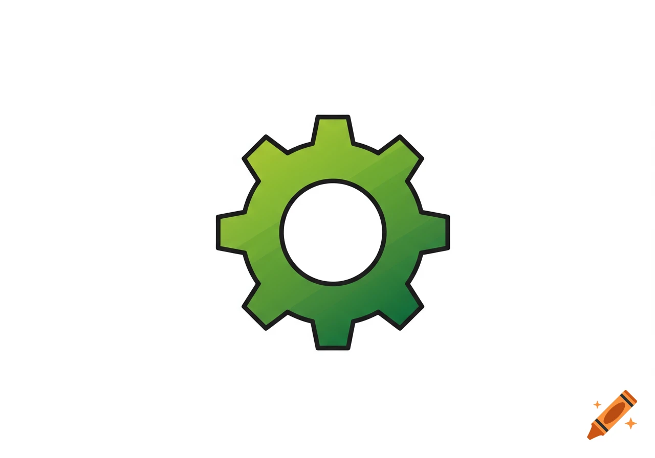 A simple green gear icon on a white background.