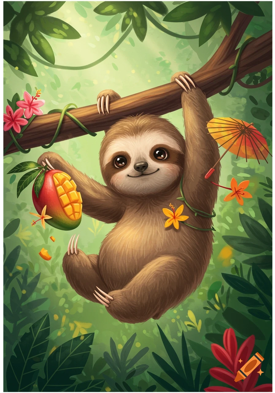 Cute cartoon sloth hanging from a tree branch, holding a mango in a vibrant jungle setting with flowers and an umbrella.