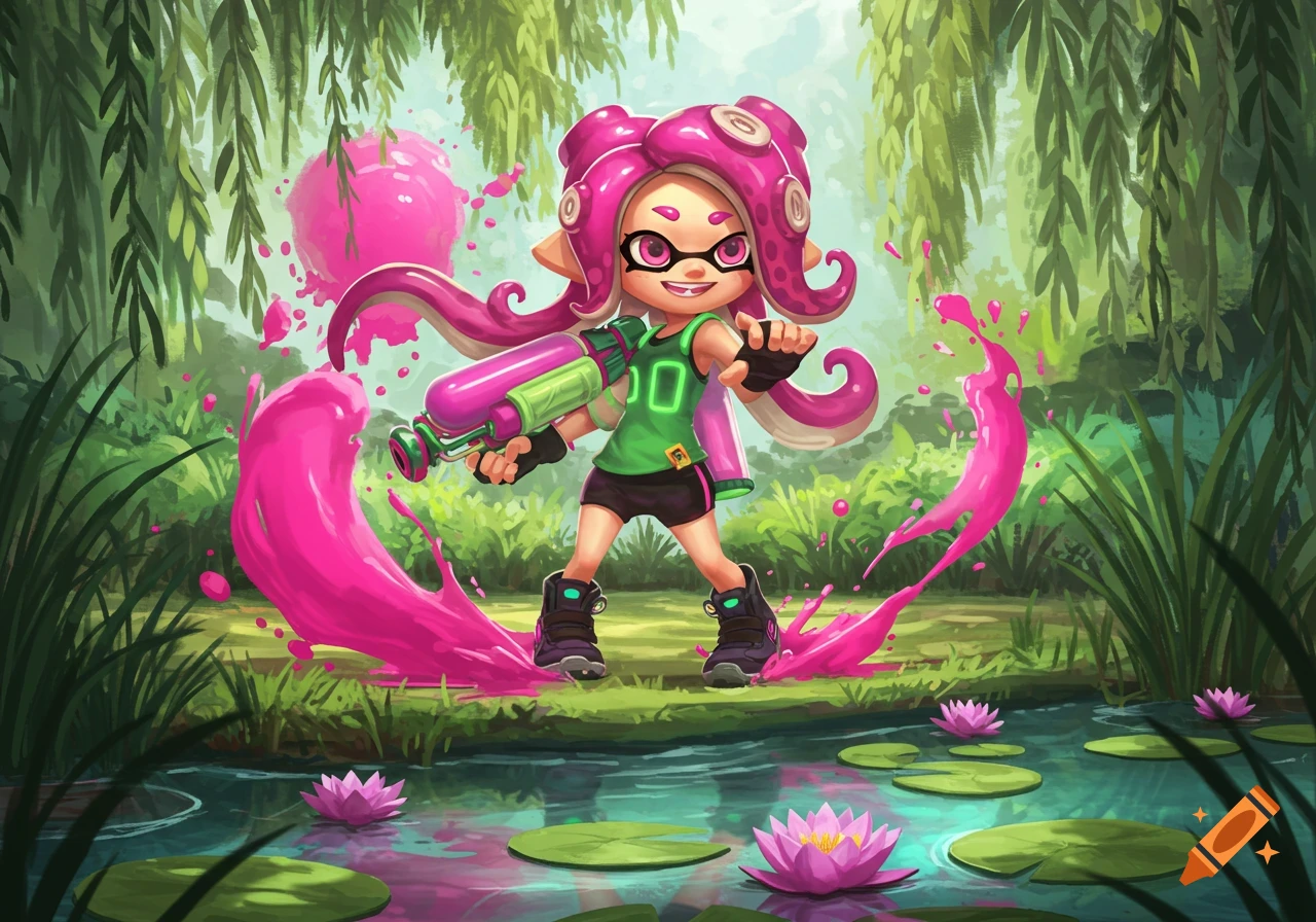 A cartoon pink octoling from Splatoon holding a pink ink blaster, splashing pink ink in a lush green swamp with water lilies.