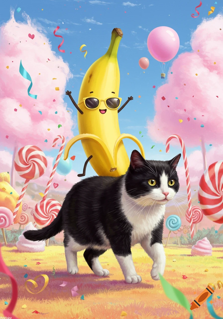 A tuxedo cat walks through a whimsical candy land, carrying a cheerful cartoon banana with sunglasses on its back, surrounded by lollipops and cotton candy clouds.