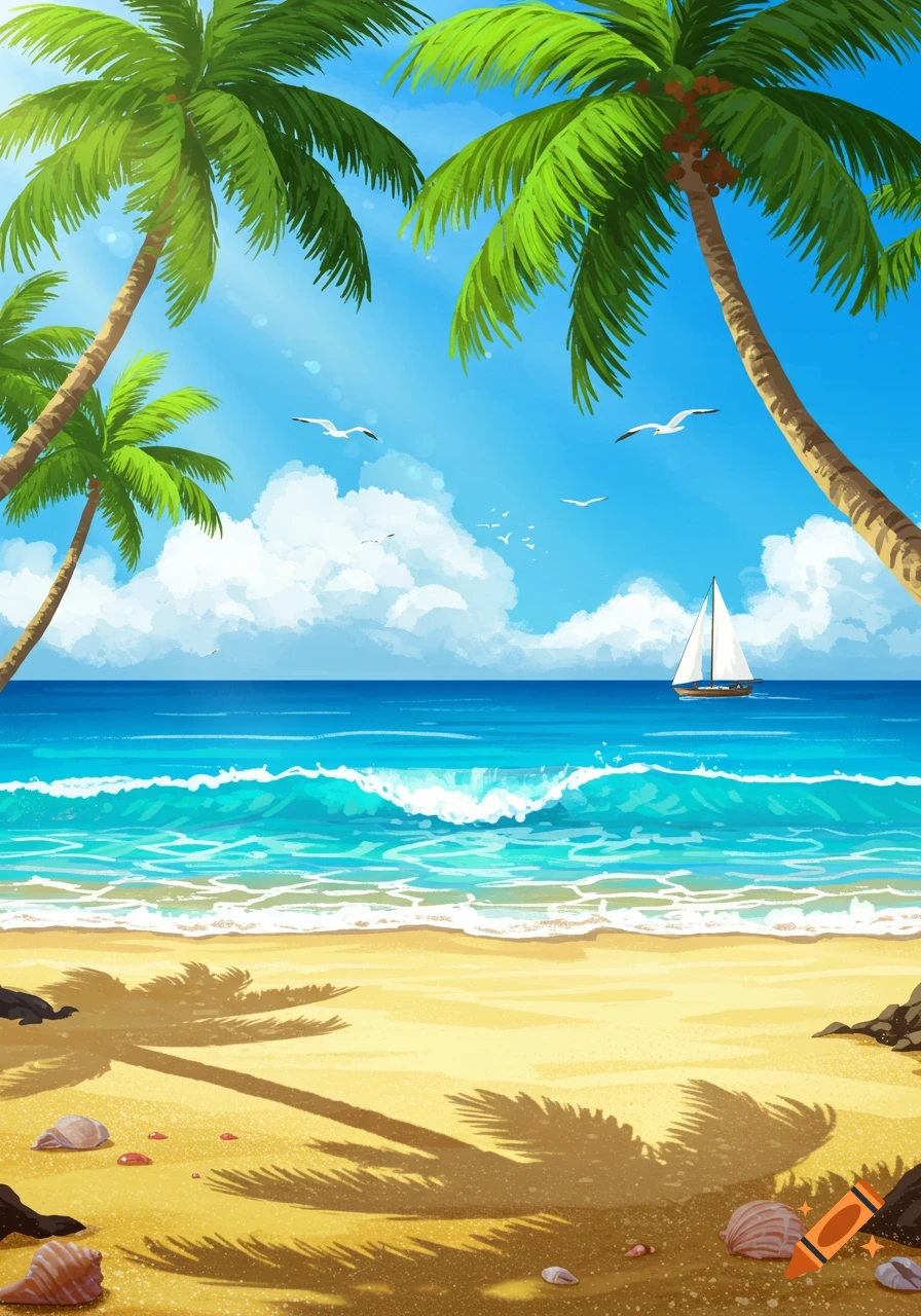 Vibrant illustration of a tropical beach with palm trees, blue ocean waves, sandy shore, and a sailboat under a sunny sky.