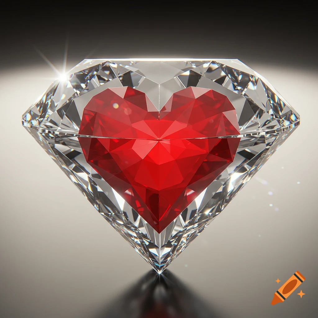 A sparkling clear diamond encasing a faceted red heart.