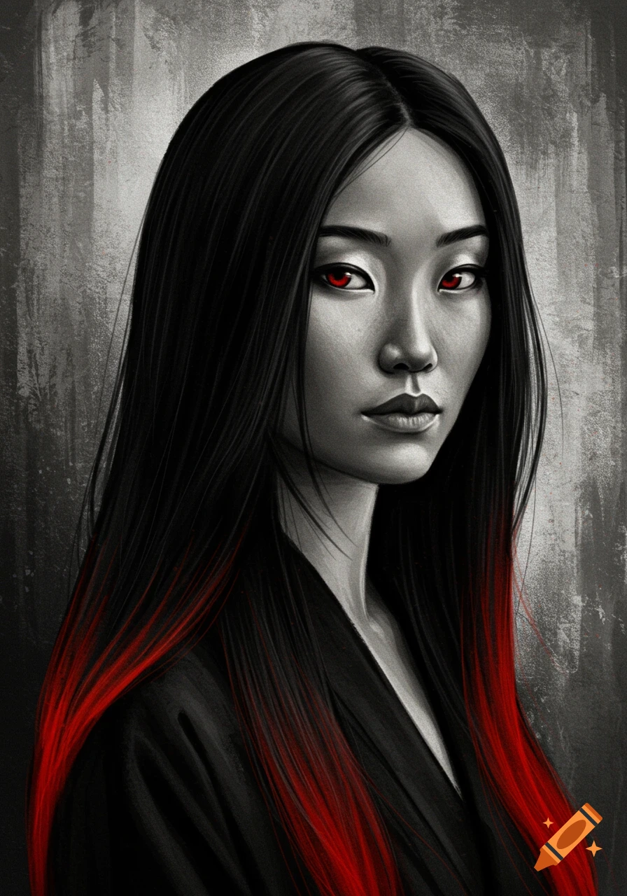 A charcoal portrait of an Asian woman with long black hair, red-tipped ends, and glowing red eyes, against a textured gray background.