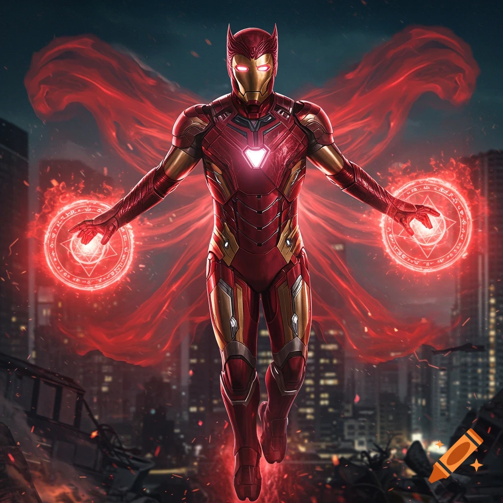 Iron Man and Scarlet Witch hybrid character, red suit and magic effects, flying over a ruined city at night.