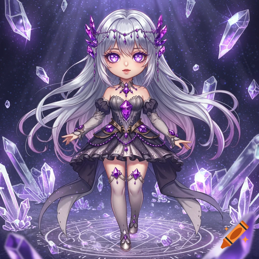 An anime-style fantasy girl with silver hair and purple eyes, adorned with amethyst crystals, stands among floating crystals and glowing runes.