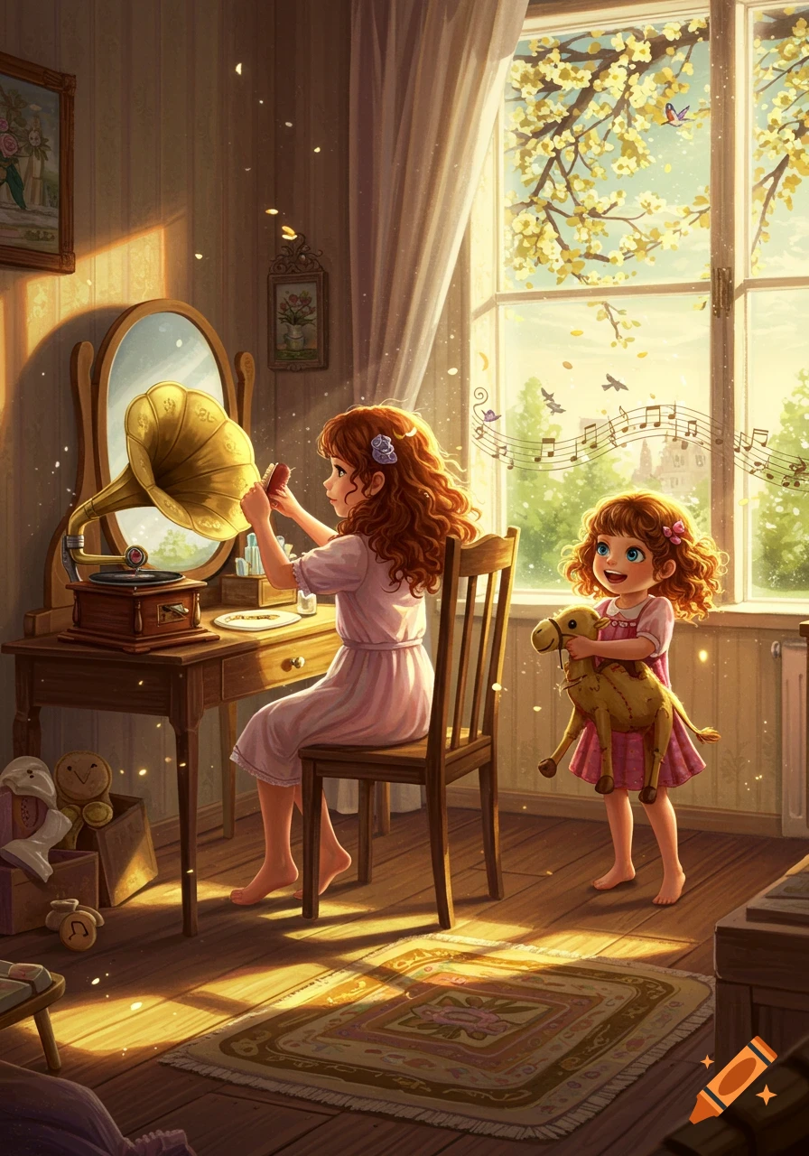 A happy young girl plays a vintage phonograph while a smaller girl stands beside her with a stuffed camel, both bathed in warm sunlight from a large window overlooking a tree and sky with musical notes. The room is cozy and bright, in a whimsical art style.