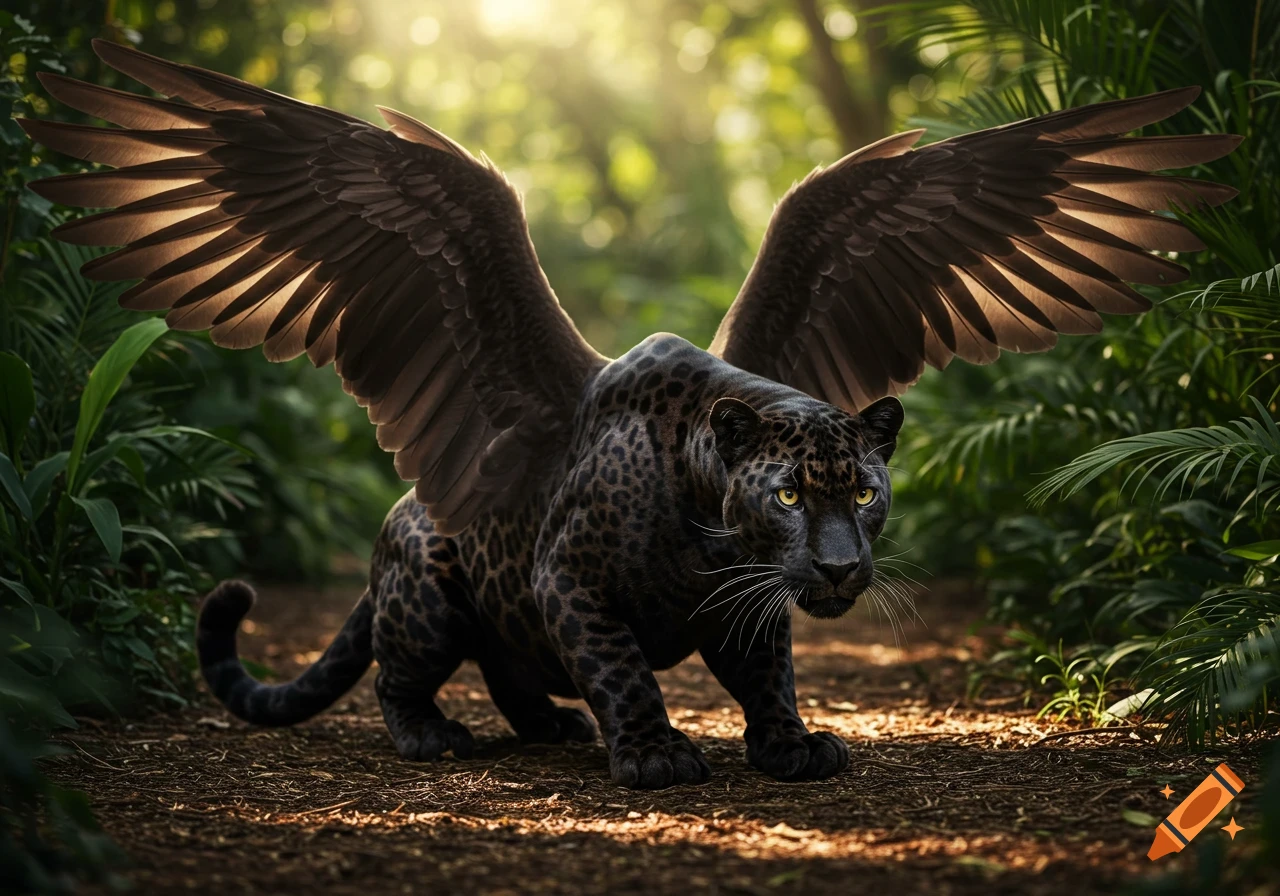 A majestic black panther with large, dark wings crouches on a jungle path, illuminated by sunlight filtering through the trees.