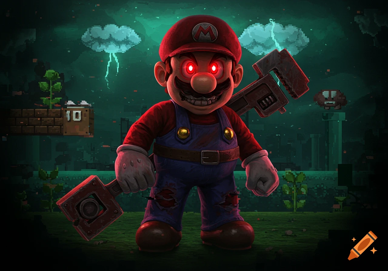 An evil version of Mario with glowing red eyes, sharp teeth, and ripped clothes, holding a large rusty wrench in a dark, pixelated landscape.