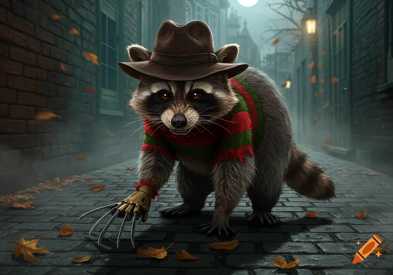 A raccoon dressed as Freddy Krueger, wearing a fedora and striped sweater with a clawed glove, stands on a misty cobblestone alley.