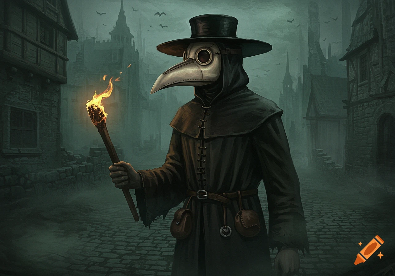 A grim plague doctor in a long coat and bird-like mask holds a flaming torch in a dark, misty medieval town.