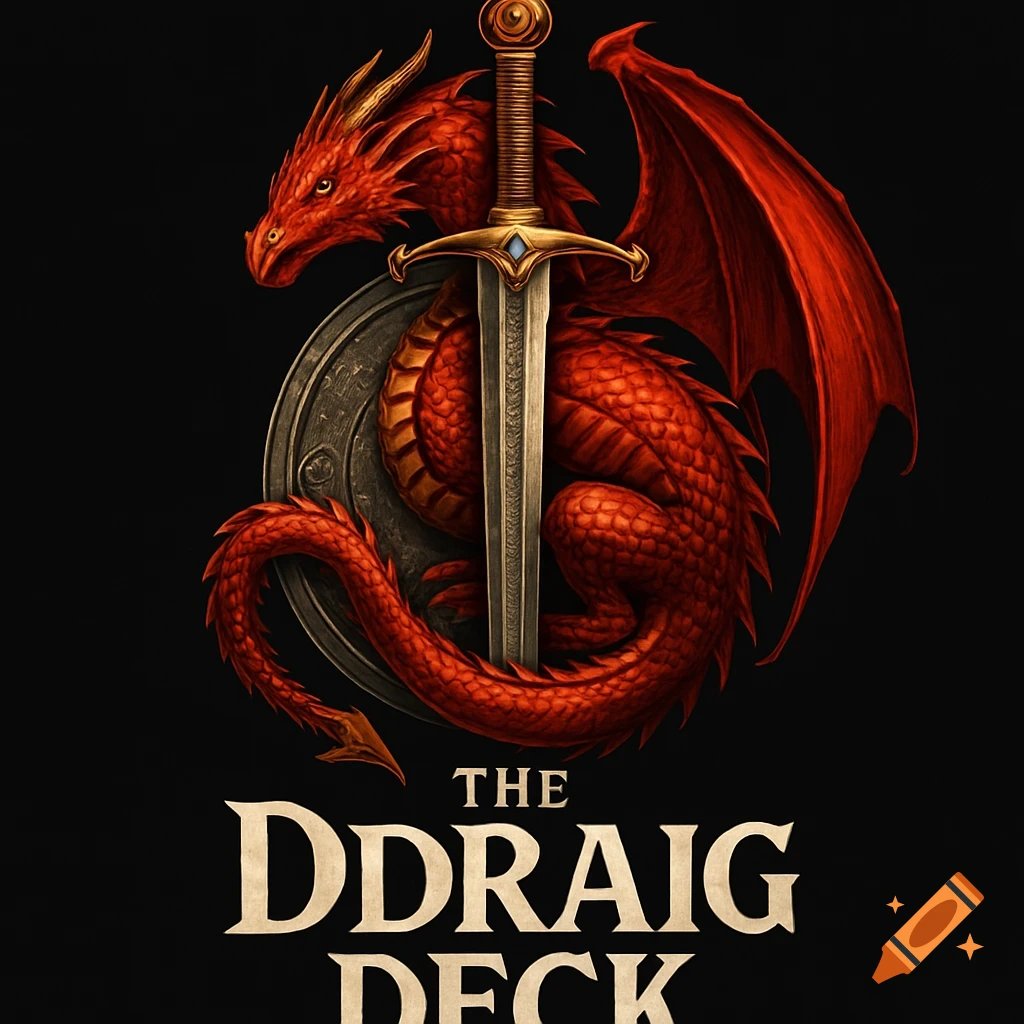 A vibrant red dragon with large wings is coiled around a round shield, with a golden-hilted sword piercing through its center, above the text "THE DDRAIG DECK" on a black background.