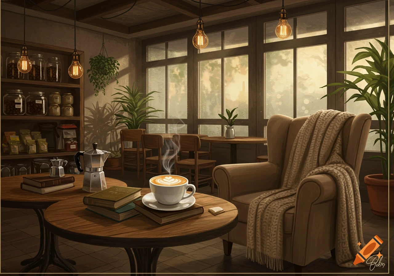 A warm and cozy coffee shop interior with a cup of latte art, books, and moka pots on wooden tables, an armchair with a blanket, and plants by large windows.