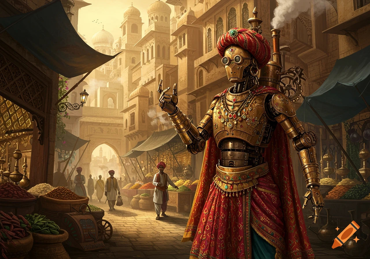A brass steampunk robot adorned with jewels and a red turban stands in a bustling Indian market.