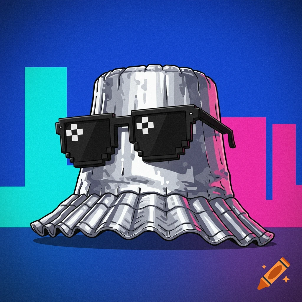 An illustration of a silver tinfoil hat wearing pixelated sunglasses against a blue and pink background.