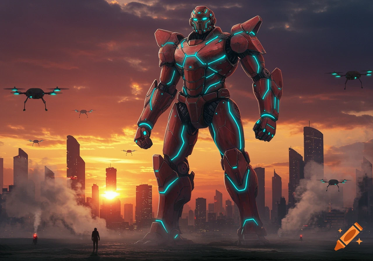 A massive red robot with glowing blue lines stands in a futuristic city at sunset, surrounded by flying drones and a human figure.