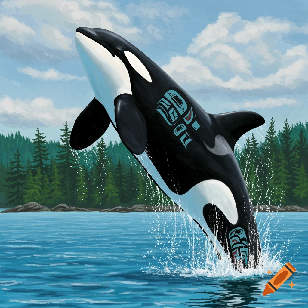 Haida Gwaii style painting of an orca jumping out of the ocean with splashes, a forested coastline, and cloudy sky.