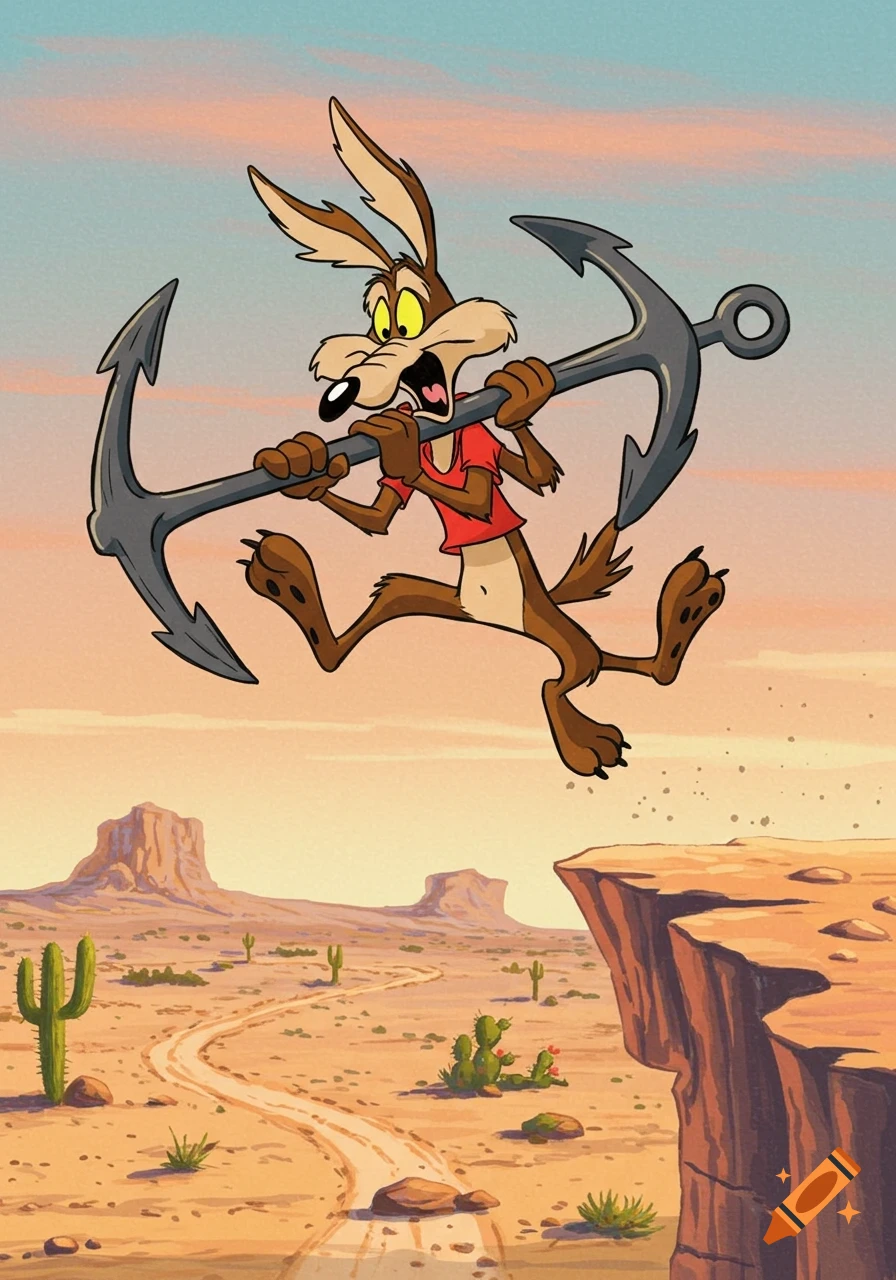 Wile E. Coyote jumps off a desert cliff, comically burdened by a giant anchor, in a classic cartoon style.