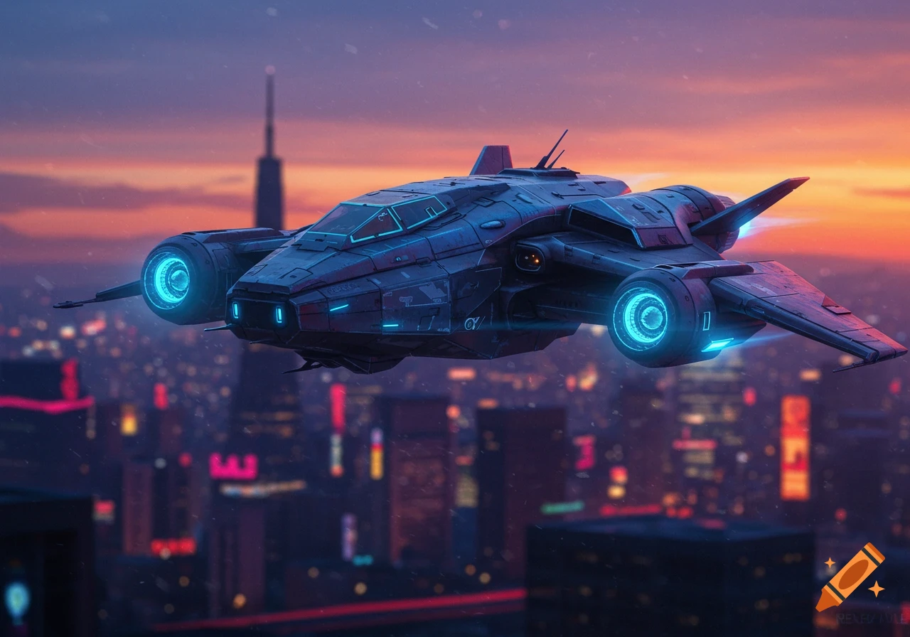 A futuristic spaceship with glowing blue engines flies over a neon-lit city skyline at sunset.