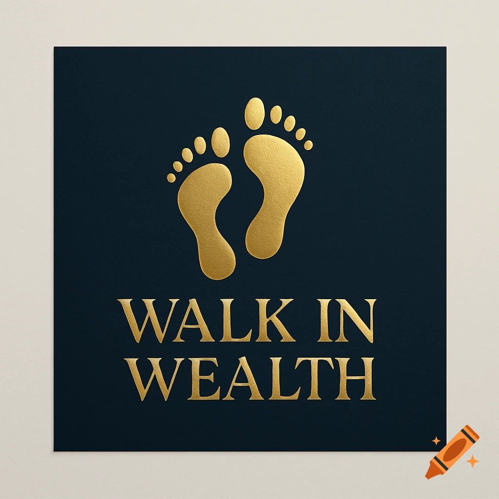 A logo featuring two golden footprints above the text 'WALK IN WEALTH' in gold, all on a dark blue background.